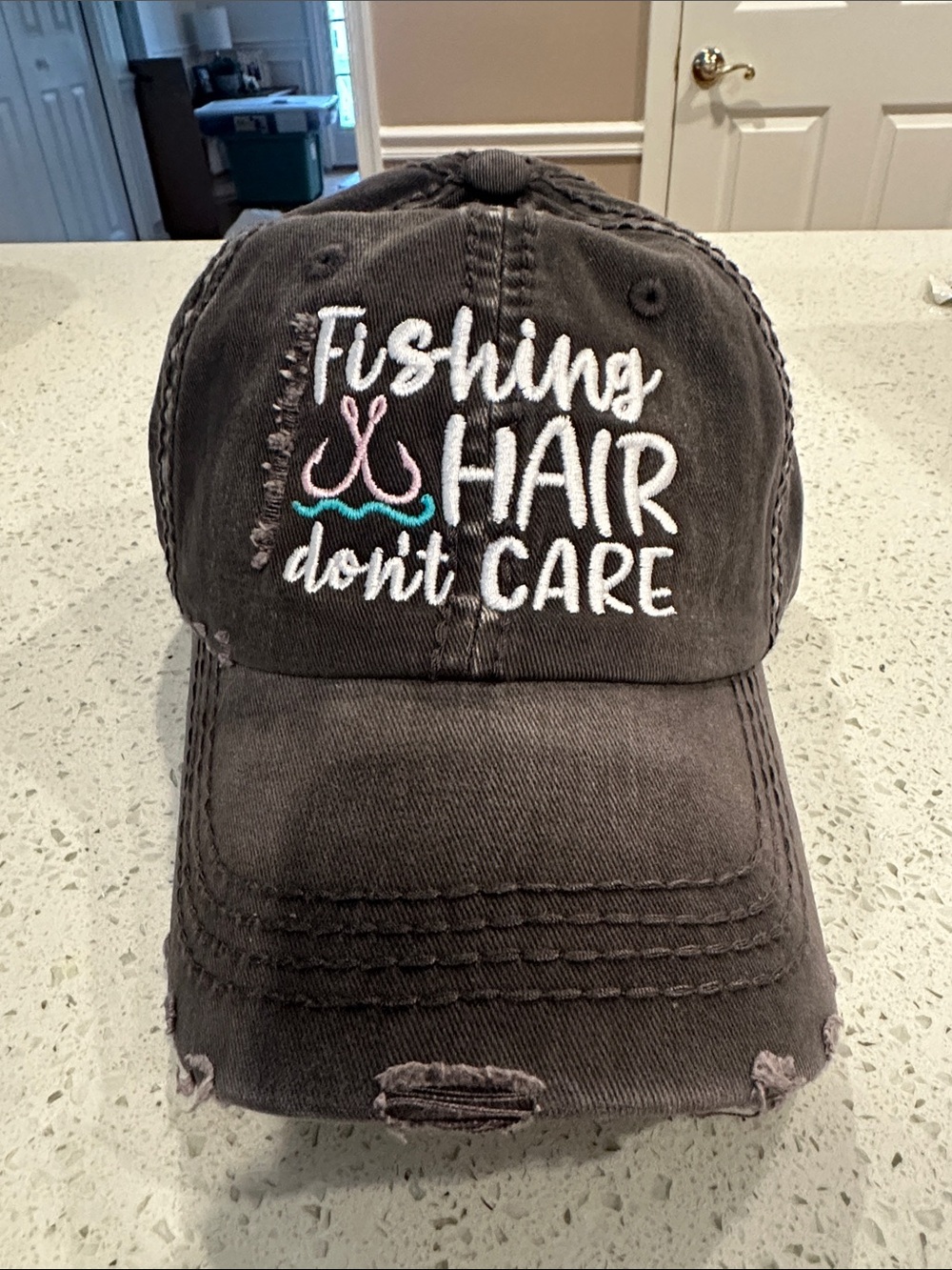 Fishing Hair Don't Care Distressed Baseball Cap - Charcoal